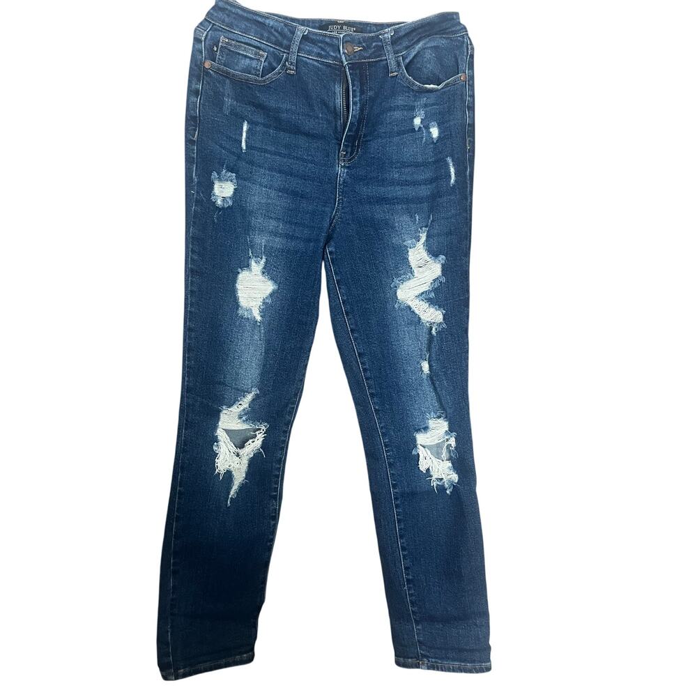 Judy Blue Womens Distressed Jeans Stretch Boyfriend Fit Dark Wash